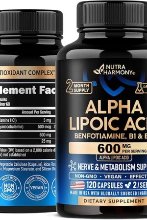 Alpha Lipoic Acid 600mg - ALA Supplement Antioxidant for Nerve, Energy & Metabolism Support - Extra Strength with Benfotiamine, B1 & B12 - Lab Tested, Non-GMO & Vegan - 120 Capsules, 2 Month Supply