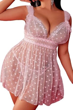 Women's Plus Size Lingerie Mesh Sheer Heart Print Babydoll Sleepwear Chemise with Thong