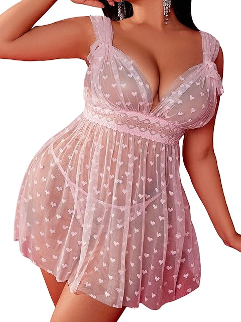 Women's Plus Size Lingerie Mesh Sheer Heart Print Babydoll Sleepwear Chemise with Thong