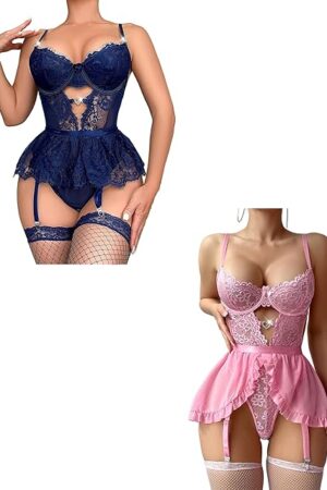 Women's Sexy Lingerie Set with Garter Belt Matching Bra and Panty Lingeries Sets 4 Piece Stockings
