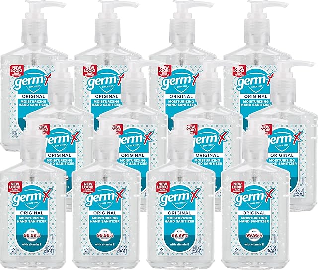 Germ-X Original Hand Sanitizer, Non-Drying Moisturizing Gel with Vitamin E, Instant and No Rinse Formula, Back to School Supplies College, 8 Fl Oz Pump Bottle (Pack of 12)