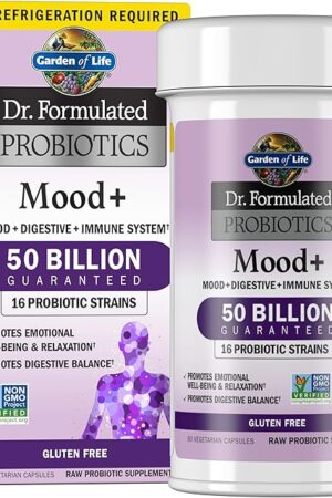Garden of Life Probiotics Mood+ Dr Formulated Acidophilus Probiotic Supplement - Promotes Emotional Well-Being, Relaxation and Digestive Balance - Ashwagandha for Stress Management, 60 Veggie Caps