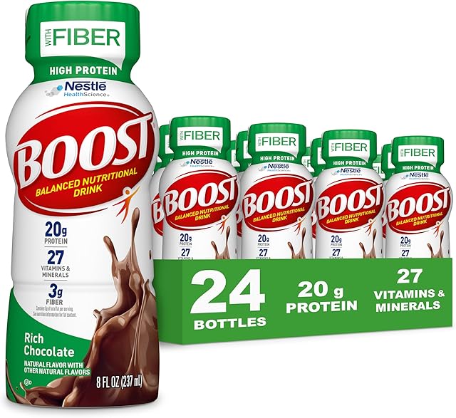 BOOST High Protein with Fiber Ready to Drink Complete Nutritional Drink, Rich Chocolate, 8 fl oz Bottle, 24 Pack