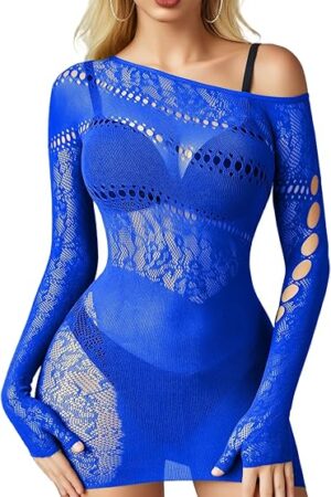 Fishnet Lingerie for Women Long Sleeve Babydoll Dress Rave Outfits Sexy Clubwear Bikini Cover Up