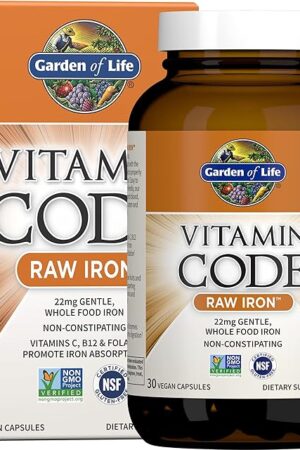 Garden of Life Vitamin Code Raw Iron Supplement - 30 Vegan Capsules, 22mg Once Daily Iron, Vitamins C, B12, Folate, Fruit, Veggies & Probiotics, Iron Supplements for Women, Energy & Anemia Support