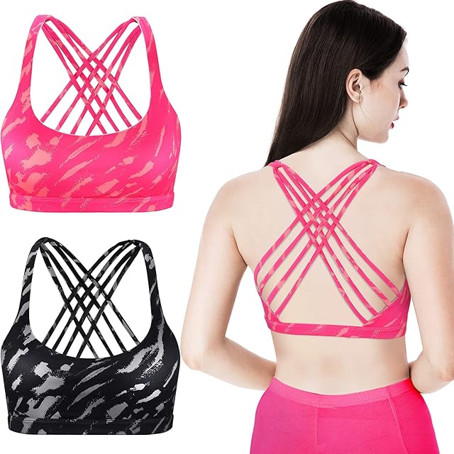 2 Pack Strappy Sports Bra for Women, Workout Padded Tank Top Sexy Cross Back Racer Back Seamless Comfortable Yoga Bra