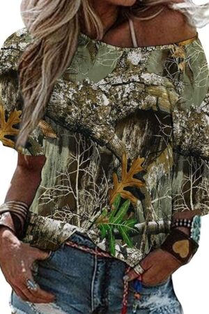 Autumn Hunting Tree Camo Pattern Womens Tops Sexy Off Shoulder Shirts Casual Short Sleeve T-Shirt