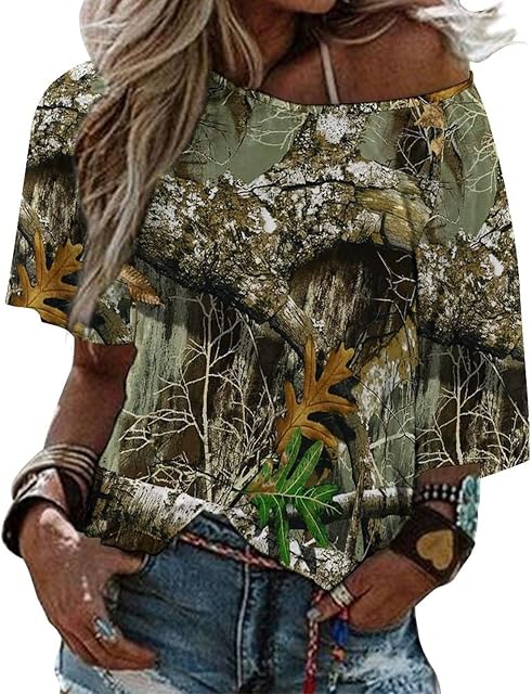 Autumn Hunting Tree Camo Pattern Womens Tops Sexy Off Shoulder Shirts Casual Short Sleeve T-Shirt