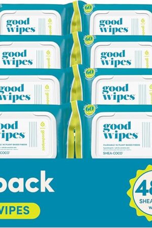 Goodwipes Flushable Butt Wipes Made with Vitamin E & Aloe - Soft & Gentle Wet Wipe Dispenser for Home Use, Septic & Sewer Safe - Largest Adult Toilet Towelettes - Shea Coco, 60 Count (Pack of 8)