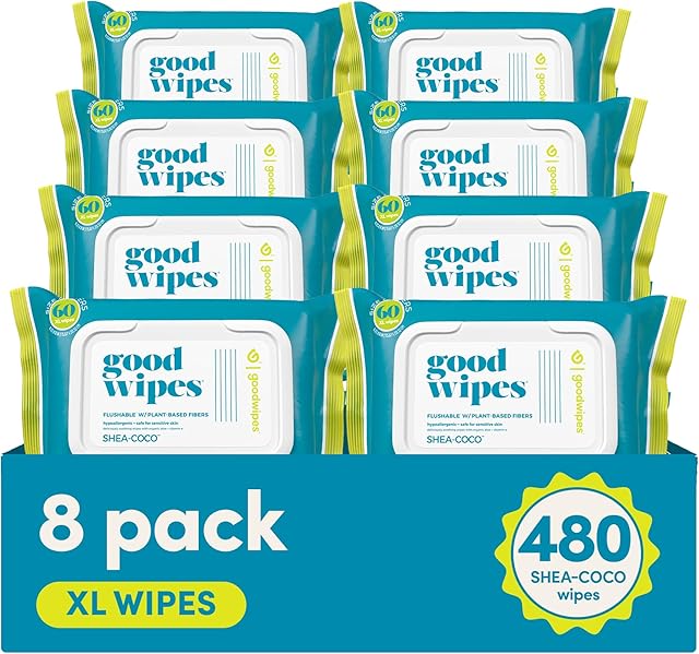 Goodwipes Flushable Butt Wipes Made with Vitamin E & Aloe - Soft & Gentle Wet Wipe Dispenser for Home Use, Septic & Sewer Safe - Largest Adult Toilet Towelettes - Shea Coco, 60 Count (Pack of 8)