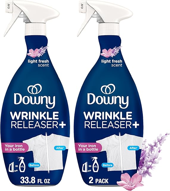 Downy Wrinkle Releaser Spray, All In One Wrinkle Release Spray, Odor Eliminator, Static Remover, Fabric Refresher & Ironing Aid for Clothes, 338 Fl Oz (Pack of 2), Light Fresh Scent
