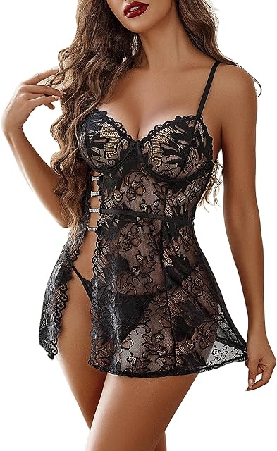 Womens Lingerie Lace Babydoll Lingerie for Women Cute Dress with Thongs Chemise Nightwear Sleepwear