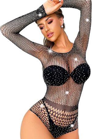 Fishnet Lingerie for Women Sexy Cut Out Teddy Lingeries Sparkle Rhinestone One Piece Mesh Bodysuit Long Sleeve