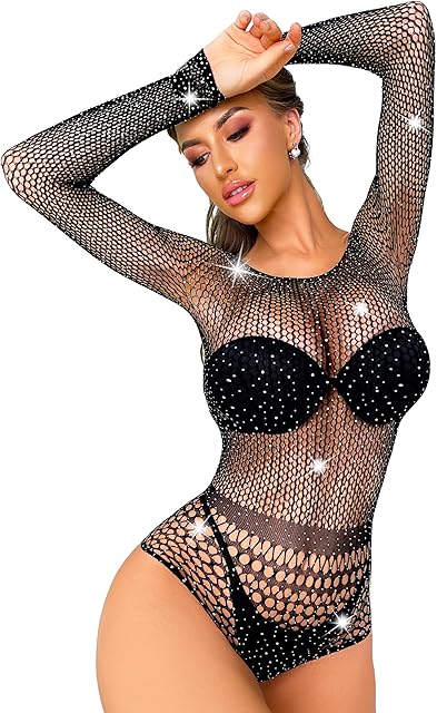 Fishnet Lingerie for Women Sexy Cut Out Teddy Lingeries Sparkle Rhinestone One Piece Mesh Bodysuit Long Sleeve