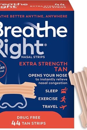 Breathe Right Nasal Strips, Extra Strength, Tan Nasal Strips, Help Stop Snoring, Drug-Free Snoring Solution & Instant Nasal Congestion Relief Caused by Colds & Allergies, 44ct (packaging my vary)