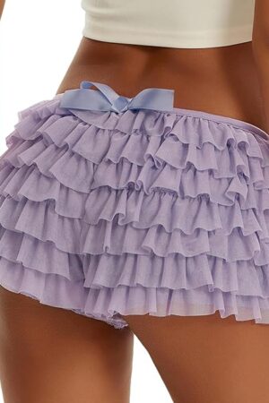 Women Tiered Ruffle Shorts Y2K Sexy Coquette Booty Shorts Back Bow Trim Mesh Layered Boy Shorts Bloomers