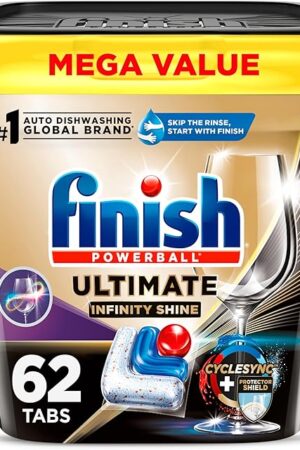 Finish Ultimate Infinity Shine Dishwasher Pods, No Pre-Rinse Dishwasher Detergent Soap Removes Burnt-On Stain, with Protector Shield & CycleSync Technology, Degreasing & Scrubbing Power, 62 Count