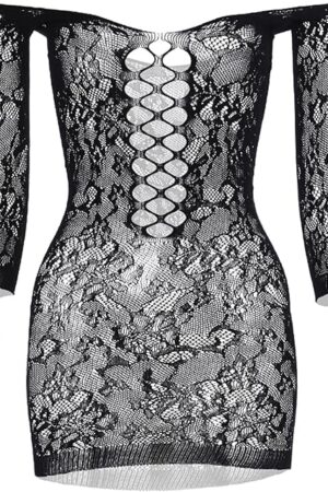 Women's Mini Fishnet Lingerie Dress Sexy Off The Shoulder Sleepwear Chemise Stretchy Bodysuit,One Size