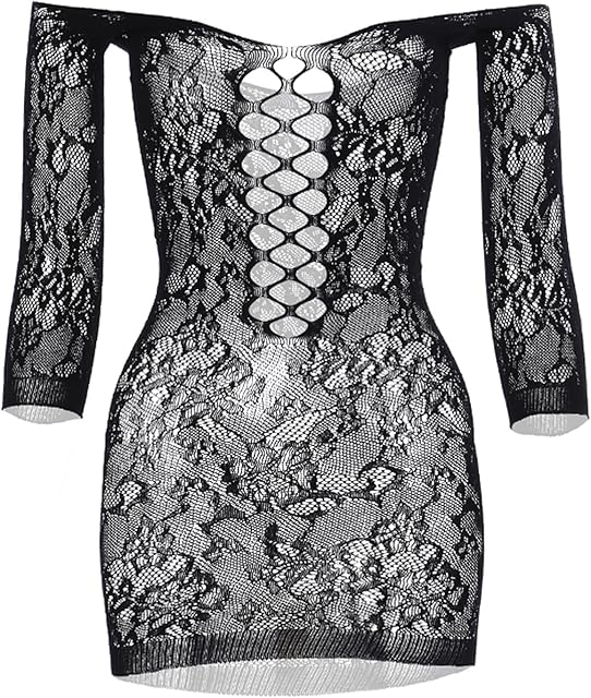 Women's Mini Fishnet Lingerie Dress Sexy Off The Shoulder Sleepwear Chemise Stretchy Bodysuit,One Size