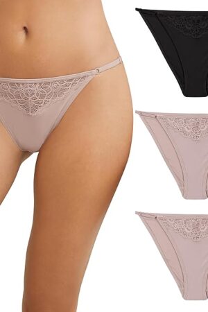 Women's M Adjustable String Bikini Underwear, No-show Panties, Multi-way Straps, 3-pack