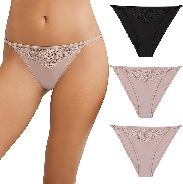 Women's M Adjustable String Bikini Underwear, No-show Panties, Multi-way Straps, 3-pack