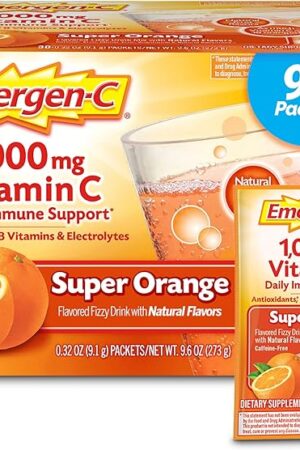 Emergen-C 1000mg Vitamin C Powder for Daily Immune Support Caffeine Free Vitamin C Supplements with Zinc and Manganese, B Vitamins and Electrolytes, Super Orange Flavor - 90 Count/3 Month Supply