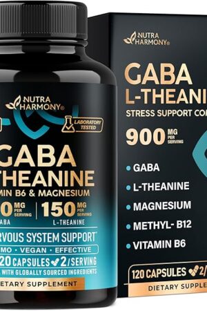 GABA L-Theanine 900 mg - Made in USA - Magnesium | Vitamin B6 - Calm, Sleep, Relaxation & Mood Support - 750 mg Gamma AminoButyric Acid, 150 mg L-Theanine - Non-Habit Forming, Vegan - 120 Capsules