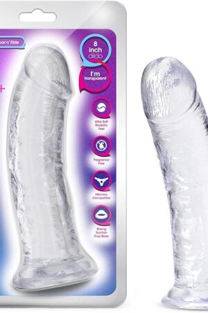 Blush Novelties B Yours Plus Roar n Ride - Realistic 8 Inch Crystal Clear Soft Dildo - Powerful Suction Cup Base for Hands Free Play - Harness Strap On Compatible - Sex Toy.
