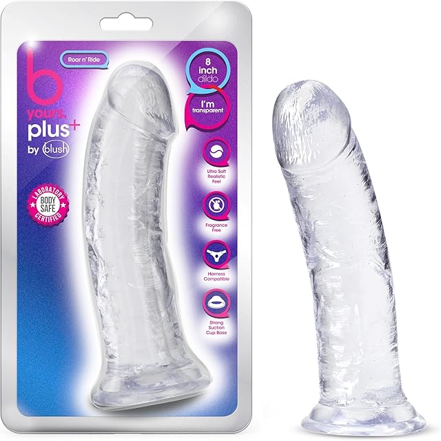 Blush Novelties B Yours Plus Roar n Ride - Realistic 8 Inch Crystal Clear Soft Dildo - Powerful Suction Cup Base for Hands Free Play - Harness Strap On Compatible - Sex Toy.