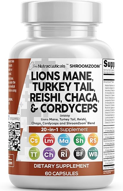 Clean Nutraceuticals Lions Mane 20in1 Mushroom Supplement with Turkey Tail Reishi Cordyceps Chaga Maitake Meshima Poria Cocos Shiitake Oyster Porcini Enoki - 1 Pack