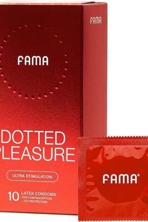 FAMA Dotted Lubricated Condoms, Rasied Dots Texture for Ultra Stimulation, Natural Latex, Lubricated Condoms, Triple Tested - 10 Count