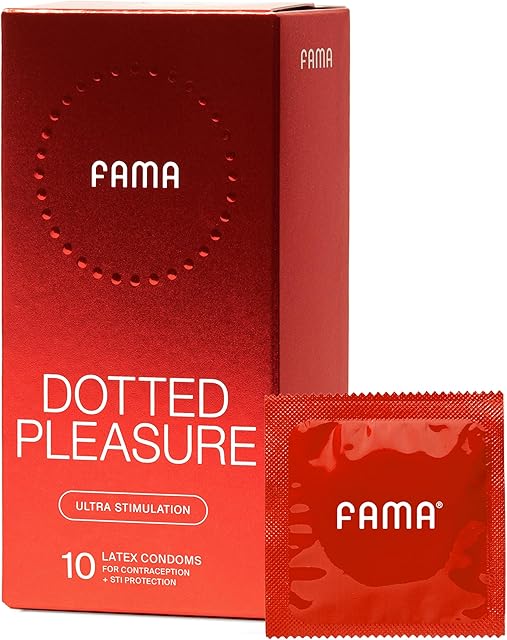 FAMA Dotted Lubricated Condoms, Rasied Dots Texture for Ultra Stimulation, Natural Latex, Lubricated Condoms, Triple Tested - 10 Count