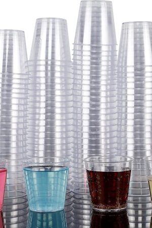 Zcaukya 100 Shot Glasses, 1oz Clear Plastic Disposable Hard Cups, Mini Cups Great Container for Sauce, Sample Tasting, Jello Shots, Pudding