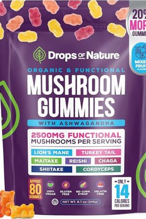 Ashwagandha Gummies and Lions Mane Mushroom Gummies Supplement - Organic - Reishi, Cordyceps, Turkey Tail, Maitake, Shitake, Chaga - Immune Defense, Boosts Cognitive Performance, Vegan, Low Carb