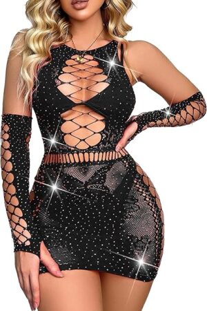 Fishnet Lingerie Womens Mesh Chemise One Piece Babydoll Mini Dress Lace Sparkle Rhinestone Lingeries for Women