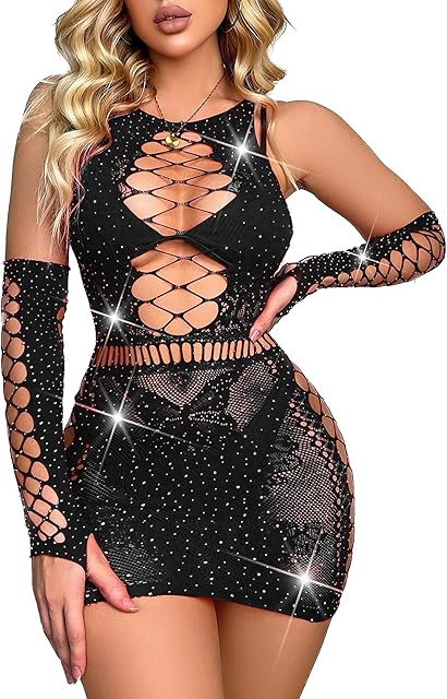 Fishnet Lingerie Womens Mesh Chemise One Piece Babydoll Mini Dress Lace Sparkle Rhinestone Lingeries for Women