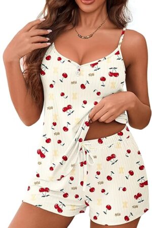Women's Pajama Sets Sleeveless Pj Set 2 Piece V Neck Adjustable Cami Tops Drawstring Shorts Lingerie Sleepwear