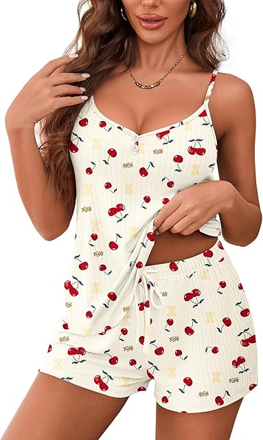 Women's Pajama Sets Sleeveless Pj Set 2 Piece V Neck Adjustable Cami Tops Drawstring Shorts Lingerie Sleepwear