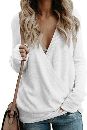 Womens Wrap Sweaters Deep V-Neck Long Sleeve Tops Dressy Casual 2025 Fall Loose Knit Pullovers