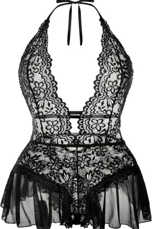 Women's Plus Size Lace Bodysuit Sexy Halter V Neck One-Piece Teddy Lingerie