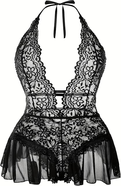 Women's Plus Size Lace Bodysuit Sexy Halter V Neck One-Piece Teddy Lingerie