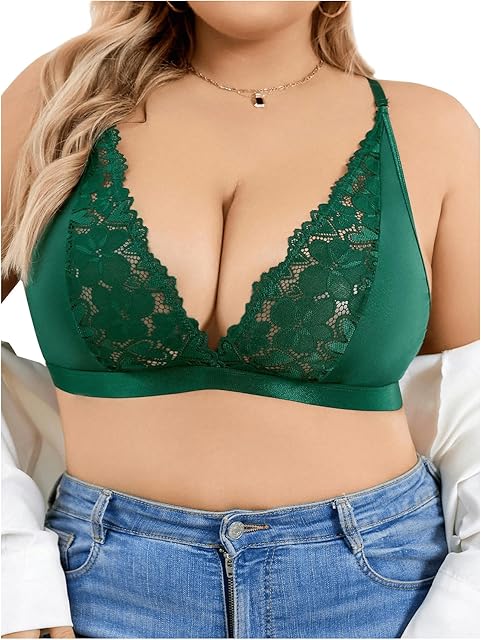 Women's Plus Size Lace Bralette Wireless Bra Deep V Neck Full Coverage Sheer Bralettes