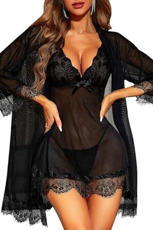 Women Sexy Lingerie Set 3 Piece Babydoll & Lace Kimono Robe Strap Chemise Sleepwear Mesh Nightgown