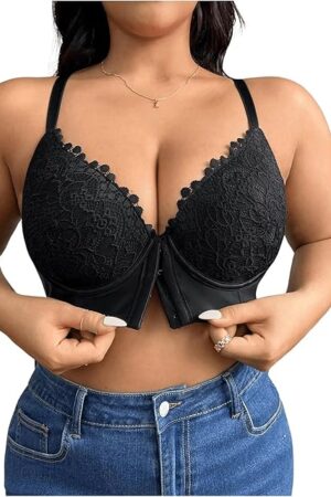 Women's Plus Size Front Closure Lace Bralette V Neck Push Up Sexy Bras High Support Bra