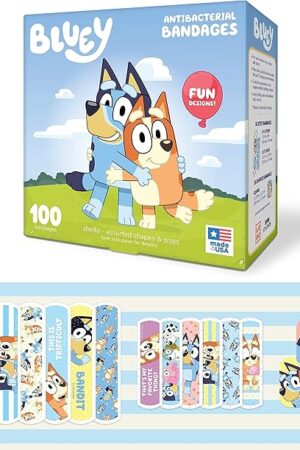 Bluey Kids Bandages, 3 Assorted Sizes 100 CT | Wear Like Stickers, Flexible Adhesive Bandages for Minor Cuts, Scrapes, and Burns Great Gift idea and Stocking Stuffer
