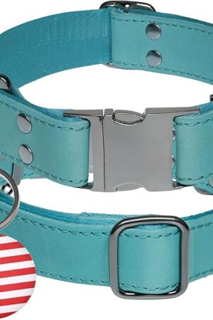 ADITYNA Leather Dog Collar with Metal Buckle - Heavy-Duty, Adjustable for Large & Extra Large Dogs - Walking & Training (Blue, Fits 19-30" Necks)