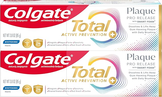 Colgate Total Plaque Pro Release Whitening Toothpaste Pack, Whitening Fluoride Toothpaste, Fights Plaque, Bad Breath, Tartar Buildup, and Helps Protect Teeth from Sensitivity, 2 Pack, 30 oz