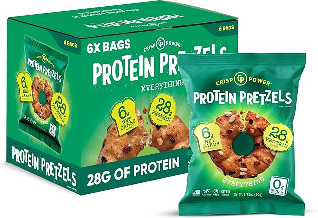 Crisp Power Protein Pretzels, Everything, High Protein Vegan Keto Snack, 28 G Plant Based Protein, Low Carb Crunchy Pretzel Snacks, Sugar Free, No Seed Oils, 175 oz Bags, 6 Pack