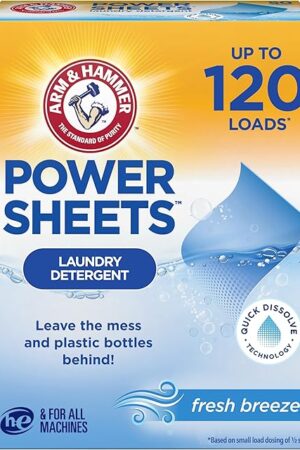 ARM & HAMMER Power Sheets Laundry Detergent, Fresh Breeze Scent, Dissolves in All Wash Temps, Lightweight and Travel-Ready, 60ct, Up to 120 Small Loads