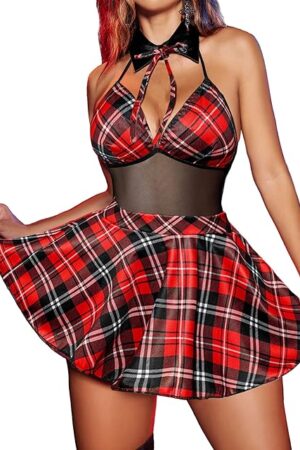 Womens Schoolgirl Lingerie Student Cosplay Sexy Roleplay Custumes Snap Crotch Teddy Plaid Skirt Lingerie Set